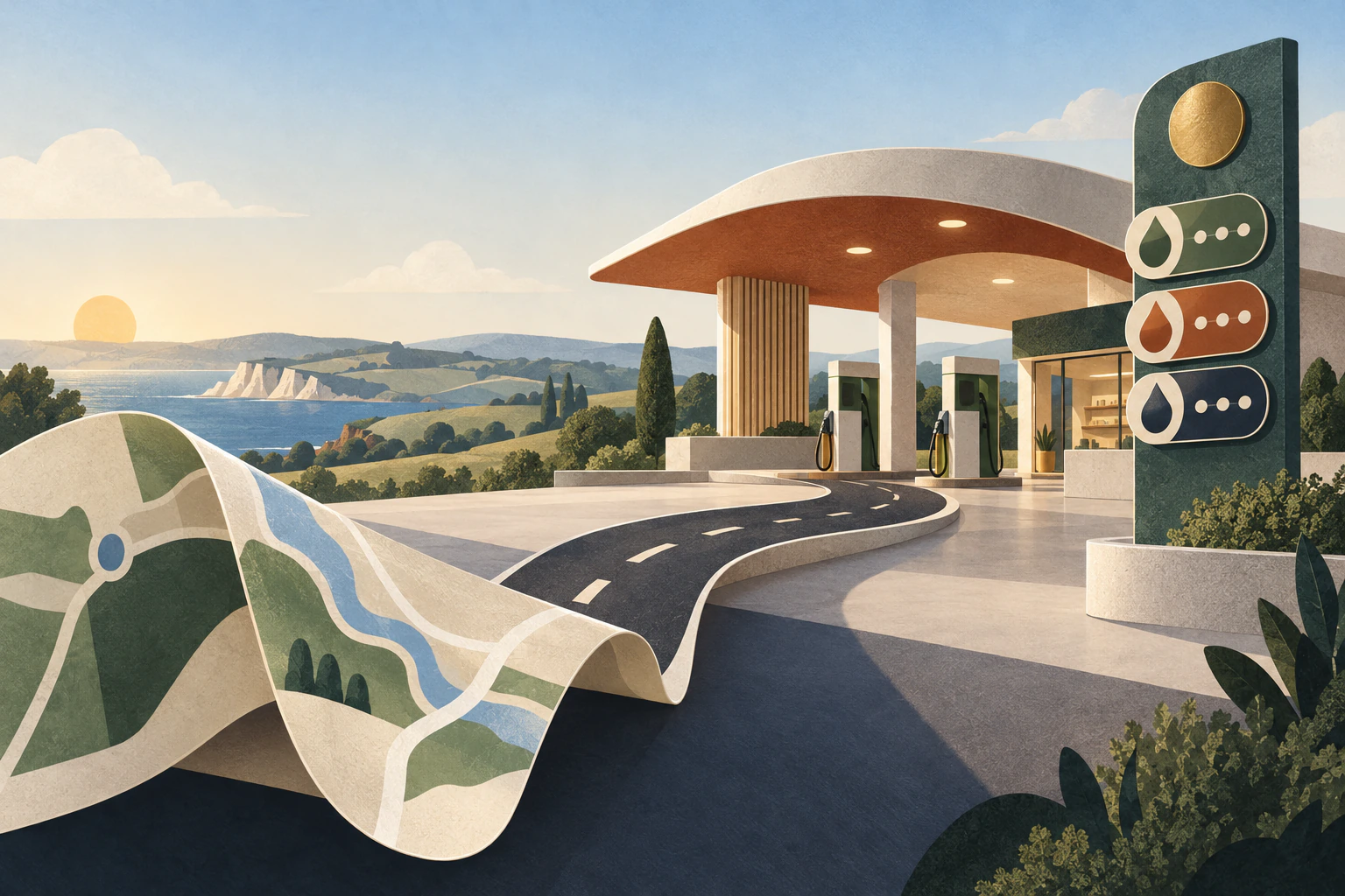 A folded road map leads toward a modern fuel station with three abstract fuel-price panels.