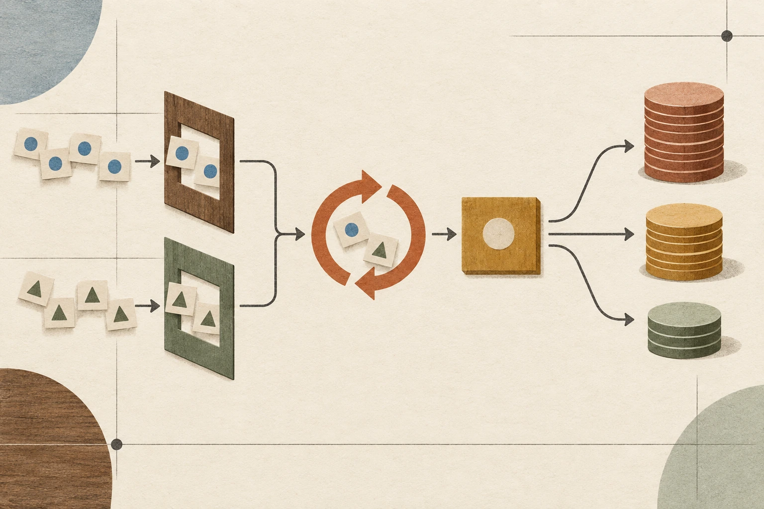 Input and output tokens pass through separate rate frames, a retry loop, and three differently sized cost stacks.